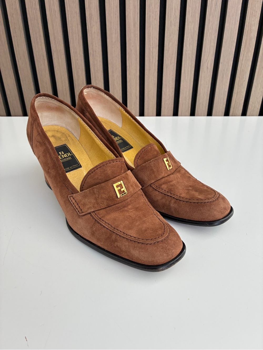 Auth VTG FENDI Suede Heeled Loafers